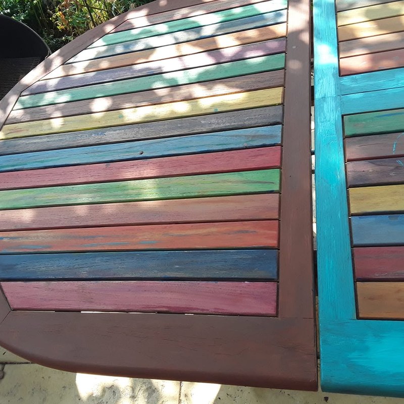 Hand-painted rainbow trim on a garden bench